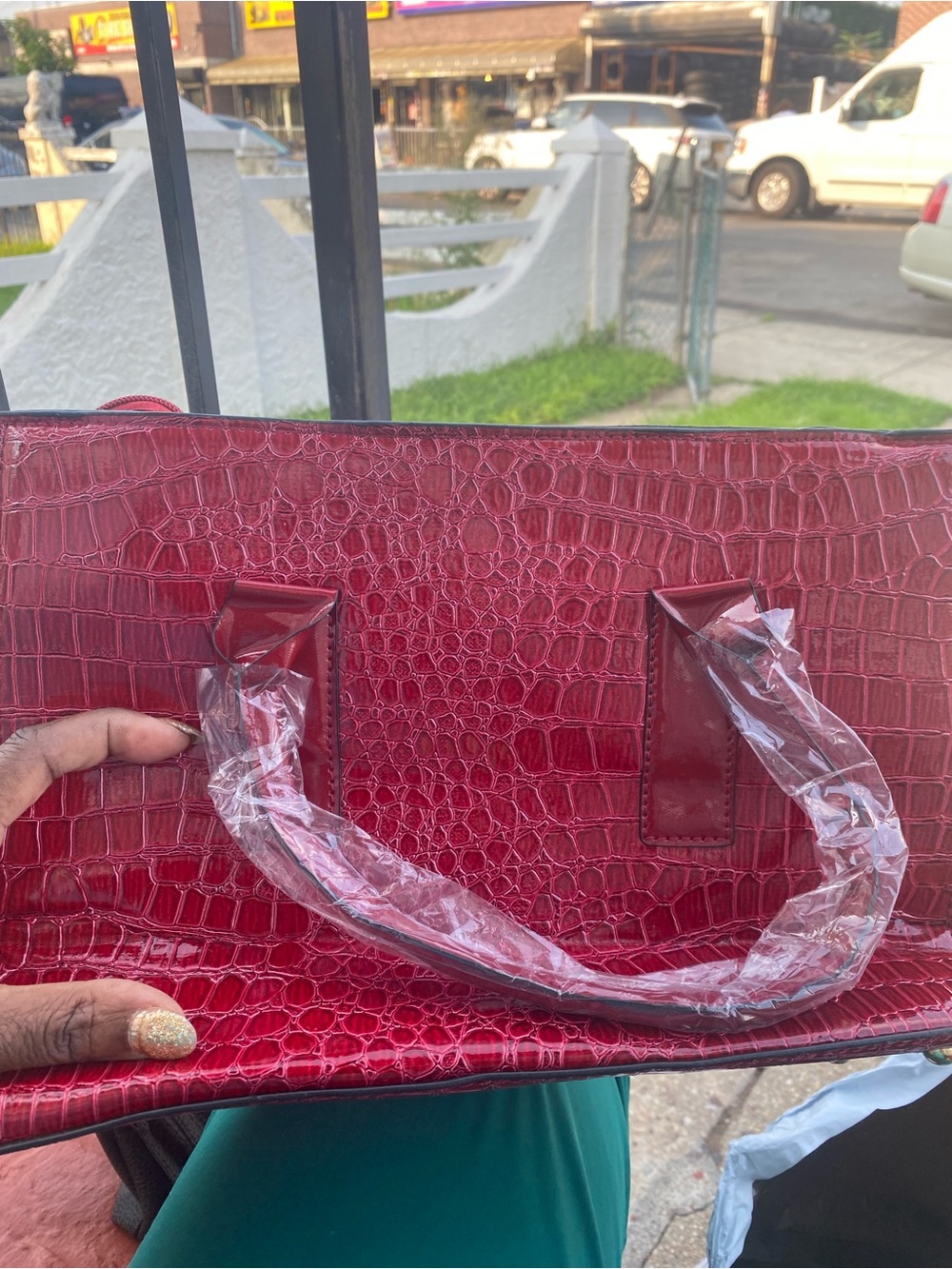 Croc-Embossed Red Satchel Handbag